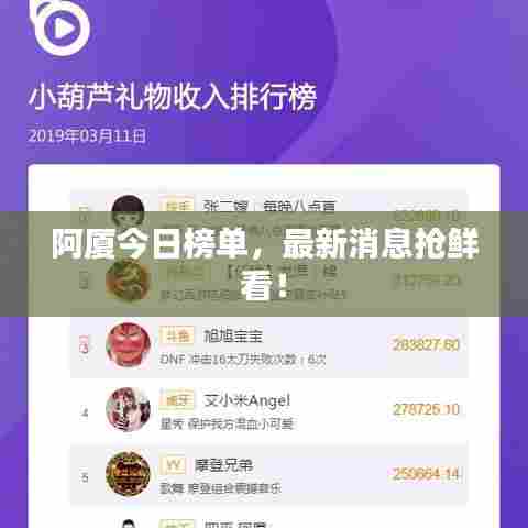 阿厦今日榜单，最新消息抢鲜看！